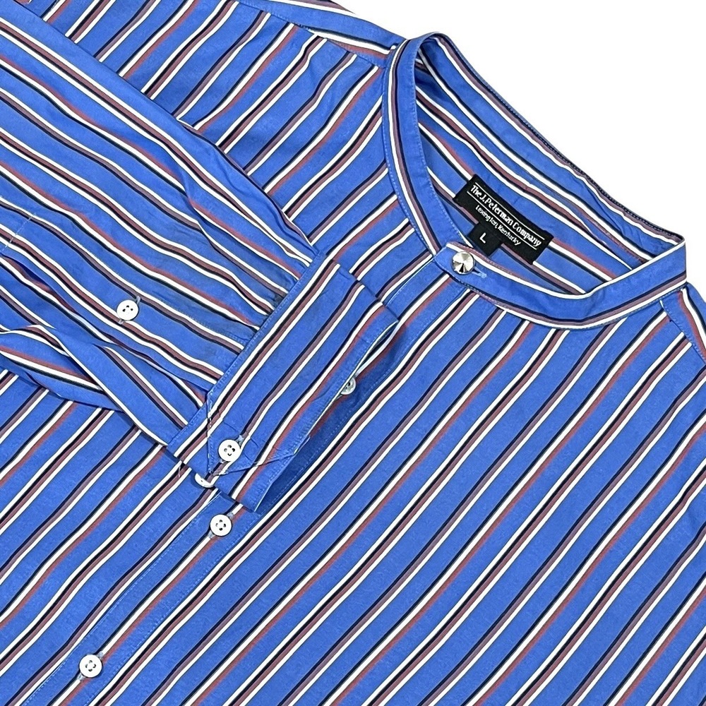 J Peterman Granddad Band Collar Shirt Mens L Blue Striped Vintage Button Up